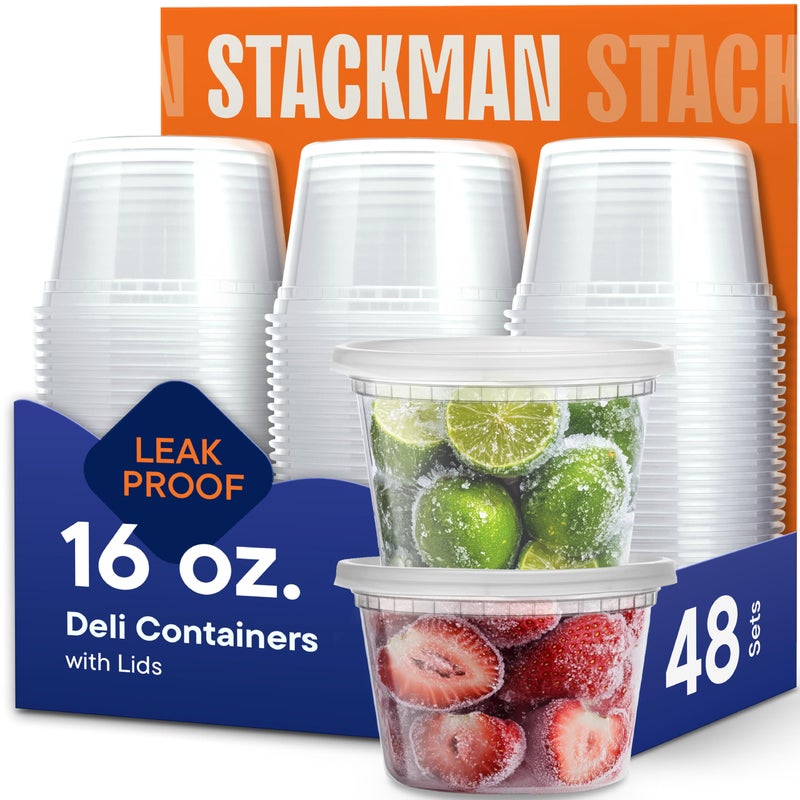 Stack Man 48 Sets 16 oz Plastic Deli Disposable Food Storage Containers with Airtight Lids